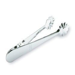 Pinzas para hielo de metal plateado con extremos de agarre en forma de flor.