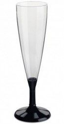 Copa de champán de plástico transparente con base y tallo de color negro.