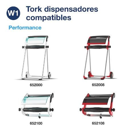 Cuatro dispensadores de toallas de papel Tork, blanco y rojo, con ruedas. Números de modelo: 652000, 652008, 652100, 652108.