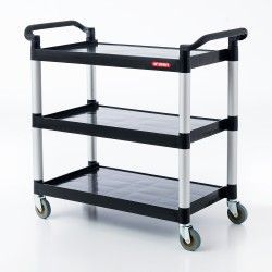 Carro utilitario de tres niveles de color negro con dos asas, sobre una superficie blanca.