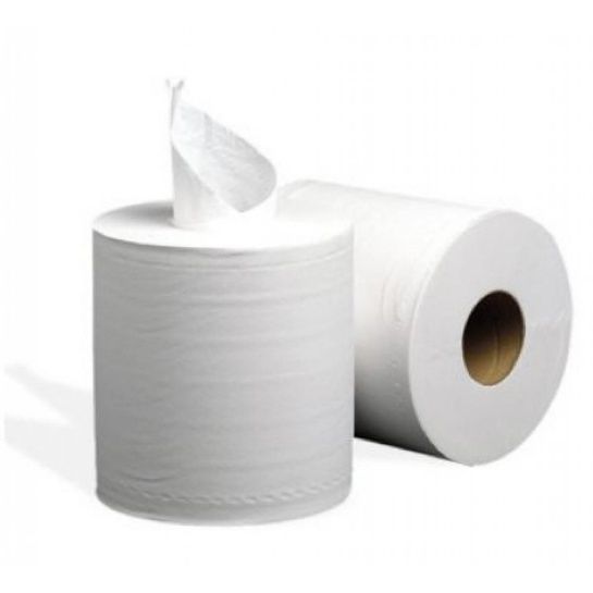 Dos rollos de toallas de papel blancas, uno de ellos dispensa una toalla.