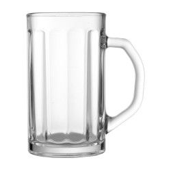 Jarra de cerveza de vidrio transparente con asa.