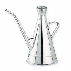 Dispensador de aceite de oliva en acero inoxidable con pico y asa.