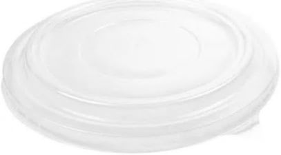 Tapa de plástico transparente, circular, con anillos concéntricos.