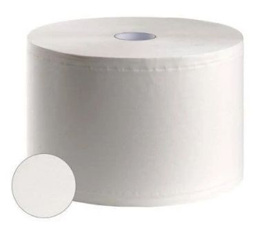 Rollo de toalla de papel blanco, cilíndrico, con muestra circular.