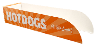 Bandeja para hot dogs de color naranja y blanco con texto 
