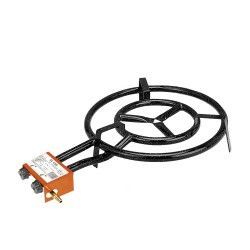 Anillo de quemador de gas negro con unidad de control de gas naranja.