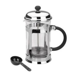 Cafetera de prensa francesa con cuchara negra.