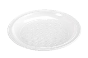 Plato desechable de plástico blanco con superficie texturizada y borde decorativo.