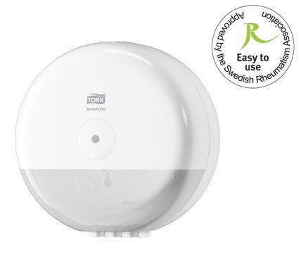 Dispensador de toallas de papel Tork, de color blanco y circular, con sello 