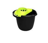 Cubo negro con escurridor verde brillante.