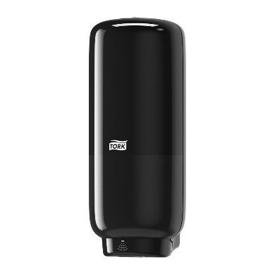 Dispensador de jabón de manos Tork negro. Forma cilíndrica y lisa con logotipo en la parte frontal.