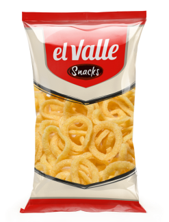 Bolsa de aros de cebolla “el Valle Snacks”, empaque rojo y blanco.