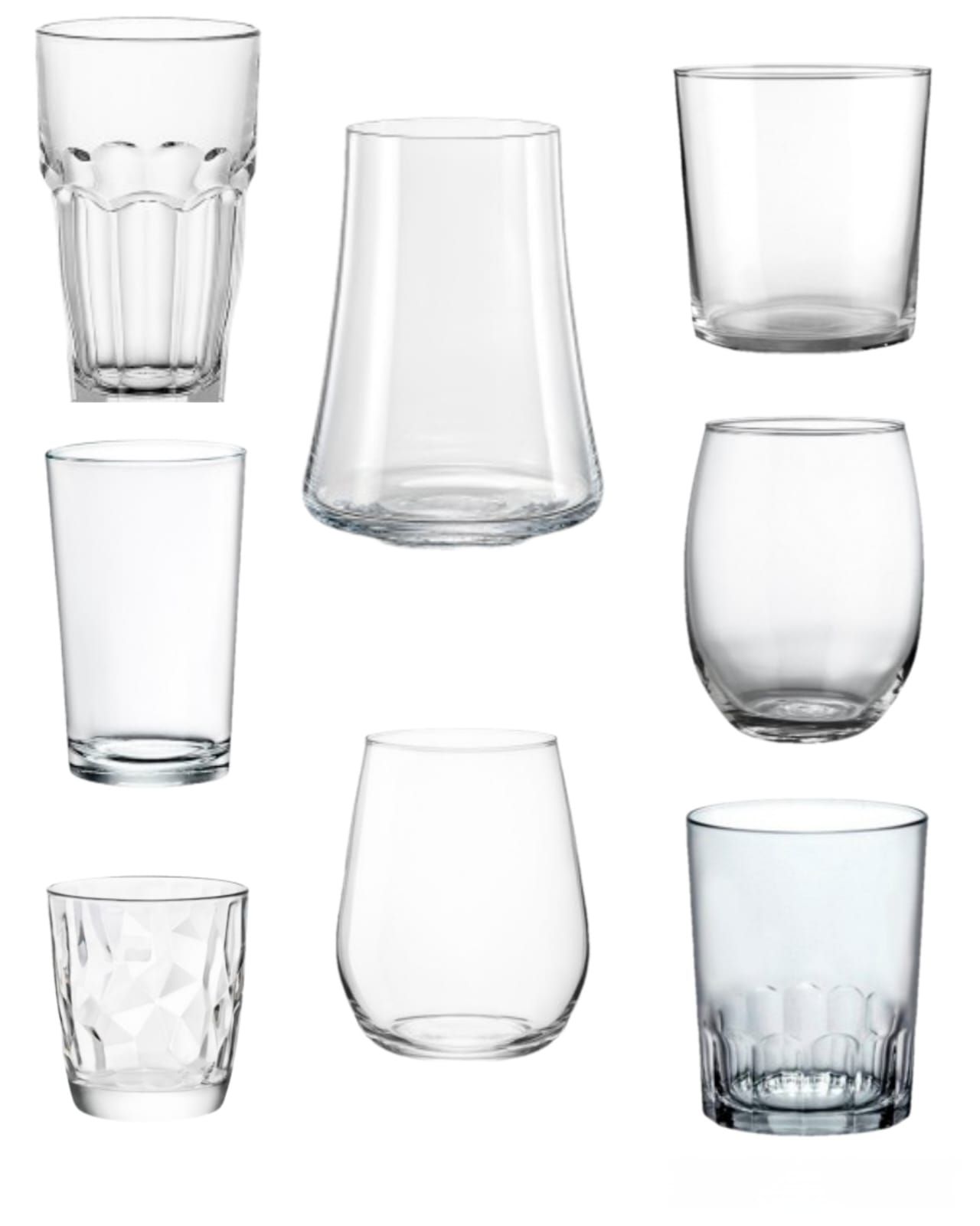 Nueve vasos vacíos diferentes sobre un fondo blanco.