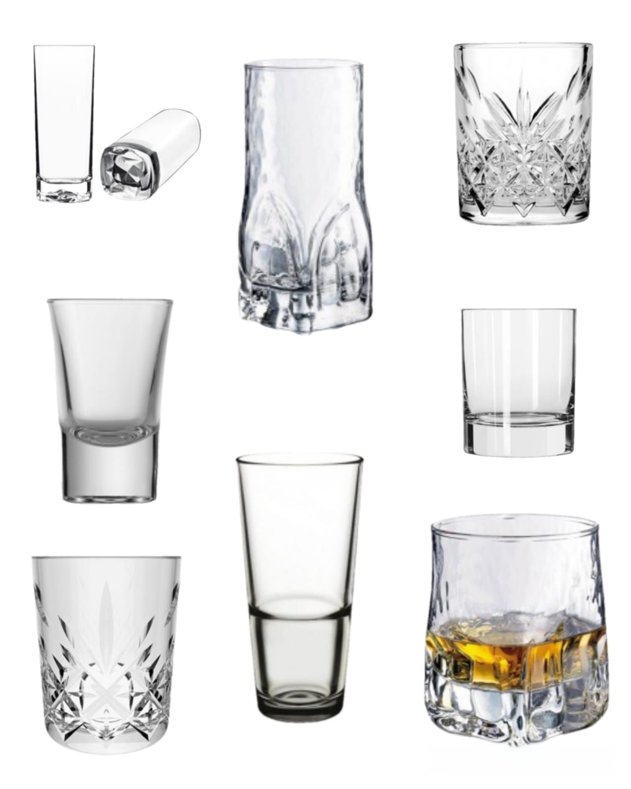 Nueve vasos transparentes diferentes, de varias formas y tamaños, algunos vacíos y uno lleno de líquido ámbar.