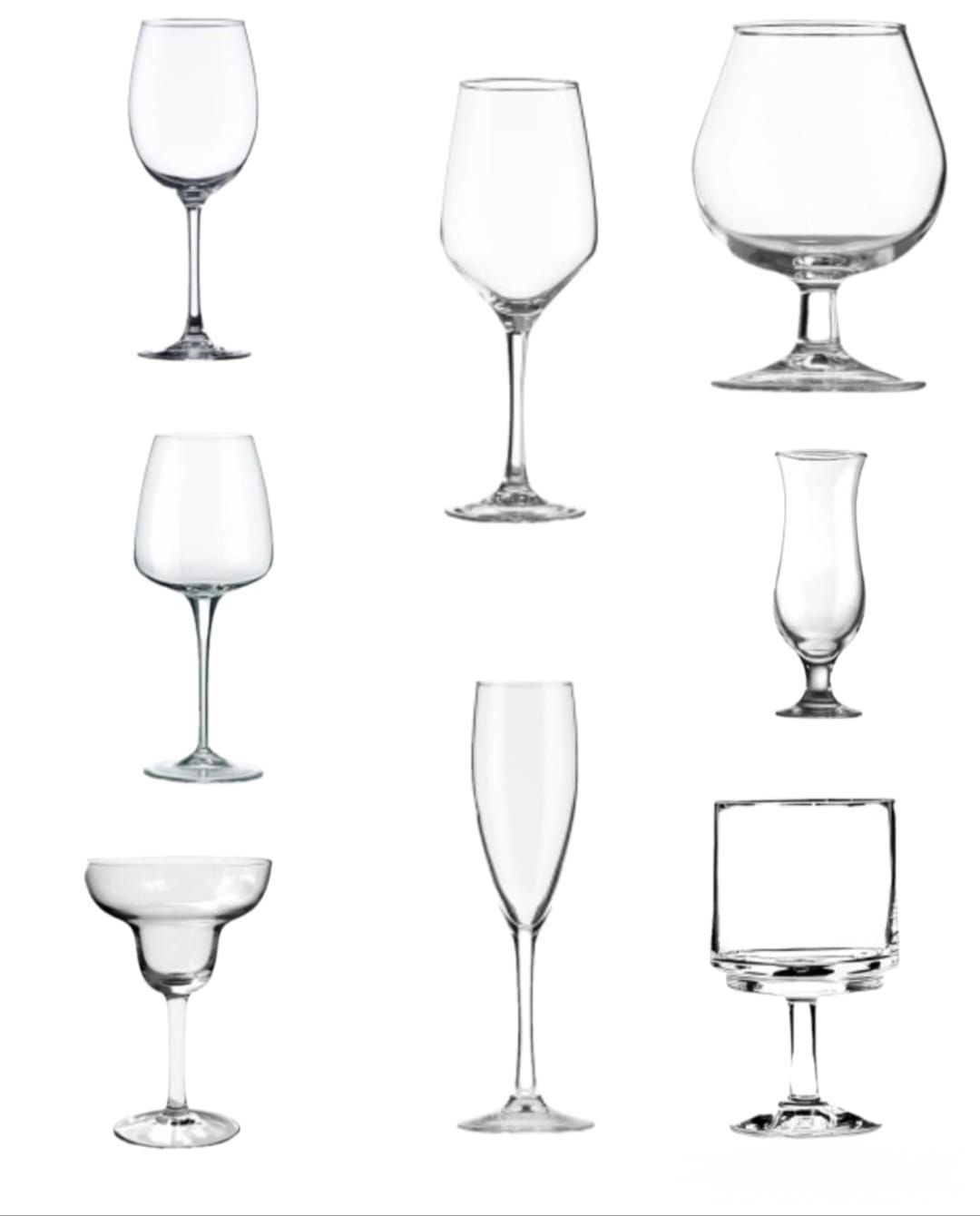 Surtido de cristalería vacía: vino, brandy, huracán, margarita, champán y cócteles con tallo.