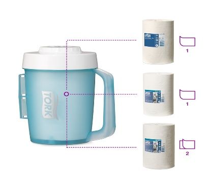 Dispensador de toallas de papel Tork azul con asa y rollos de toallas de papel con ilustraciones de formas recortadas.