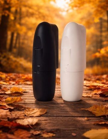 Dos elegantes difusores de aire, en blanco y negro, sobre una superficie de madera con hojas otoñales y un fondo de bosque otoñal borroso.