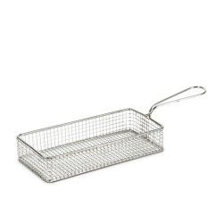 Cesta para freír de malla de alambre con mango largo.