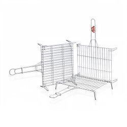 Cesta para asar metálica abierta, con bisagra y mango largo.