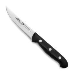 Cuchillo para pelar con mango negro y hoja plateada, dispuesta en diagonal sobre un fondo blanco.