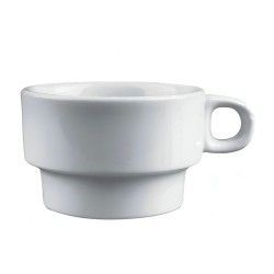 Taza de café de cerámica blanca, apilable y con asa.