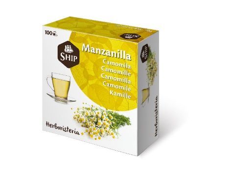 Caja de té de manzanilla marca Ship, con una taza de té en la imagen, empaque de color amarillo y blanco.