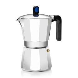 Cafetera espresso de estufa plateada con mango negro y perilla azul.