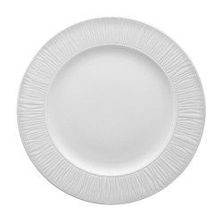 Plato redondo blanco con borde texturizado estriado.