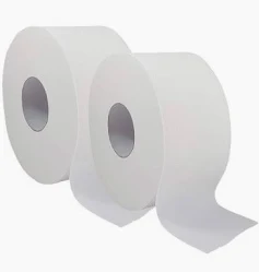 Dos rollos grandes de papel higiénico blanco.