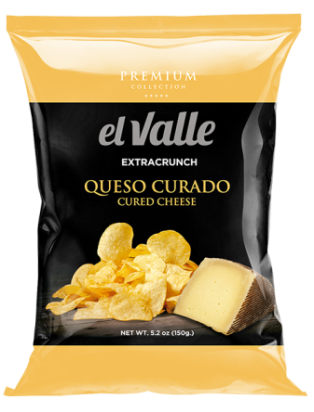 Bolsa de patatas fritas de queso curado El Valle Extra Crunch Queso Curado, envase amarillo y negro.
