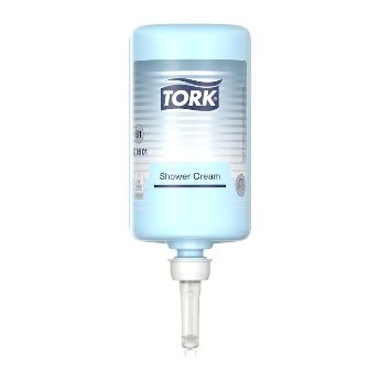 Dispensador de crema de ducha Tork de color azul claro.
