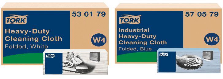 Dos cajas de paños de limpieza TORK, blanco y azul, con información del producto.