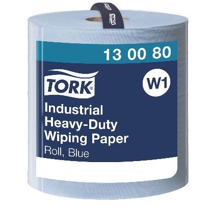 Rollo de papel de limpieza industrial Tork azul de alta resistencia. La etiqueta indica 