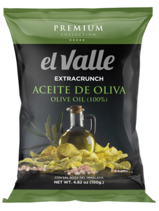 Bolsa de patatas fritas con aceite de oliva “el Valle” con diseño en color verde oscuro y negro.