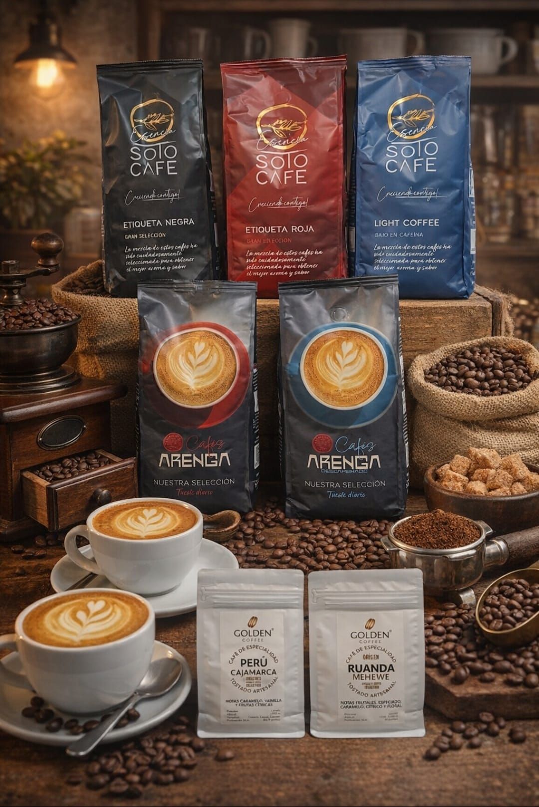 Bolsitas y tazas de café sobre una mesa de madera, con diferentes tuestes y arte latte. Tonos oscuros y cálidos.