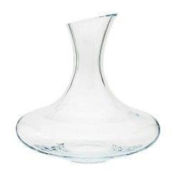 Decantador de vino de vidrio transparente con base ancha y cuello curvo.