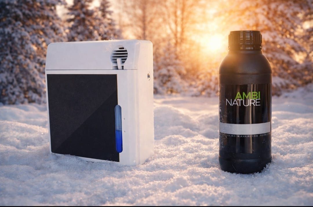 Dispositivo electrónico blanco y negro y botella negra con logotipo en nieve, luz solar.