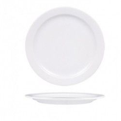 Plato de cerámica blanca, visto desde arriba y de lado.