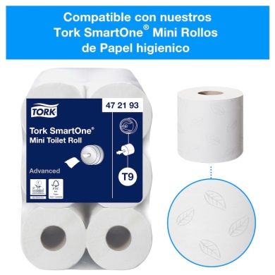 Mini rollos de papel higiénico Tork SmartOne, con detalles del paquete y primer plano de un solo rollo.