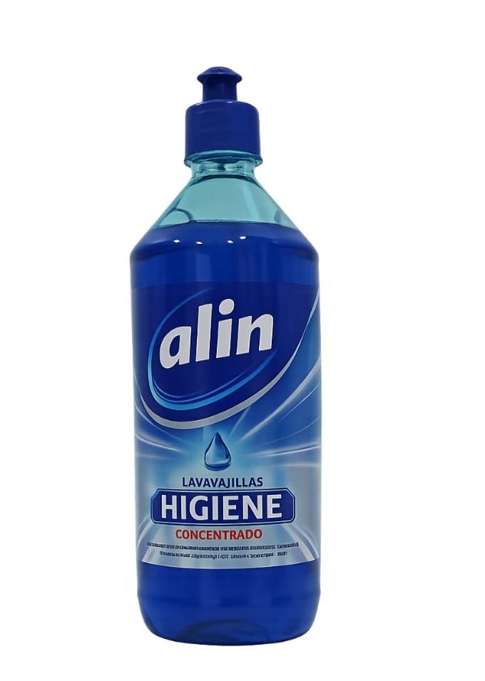 Botella azul de jabón para platos, etiquetada 