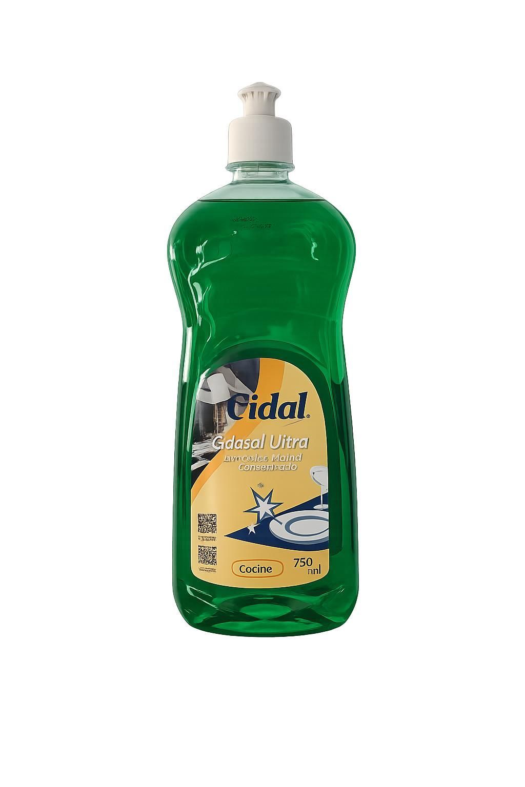 Botella verde de jabón lavavajillas “Vidal” con dosificador blanco, etiqueta del producto visible.