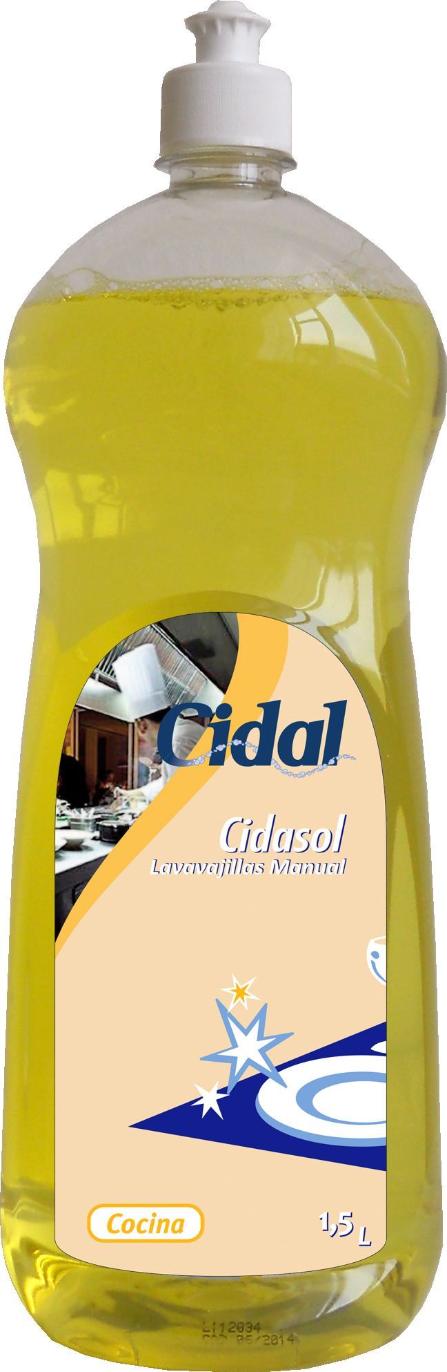 Botella de jabón lavavajillas amarillo con una etiqueta que muestra la marca 