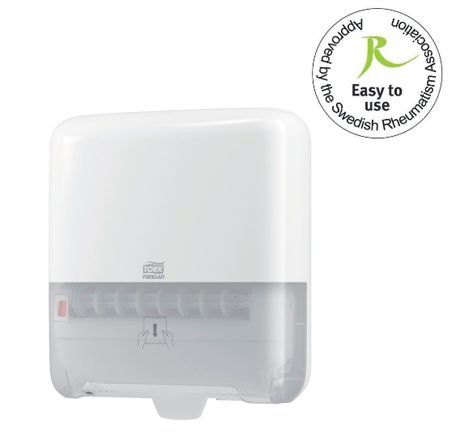 Dispensador de toallas de papel Tork de color blanco con ventana transparente; sello 