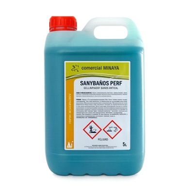 Envase azul de 5L de líquido limpiador “SANYBAÑOS PERF” con tapón rojo y símbolos de peligrosidad.