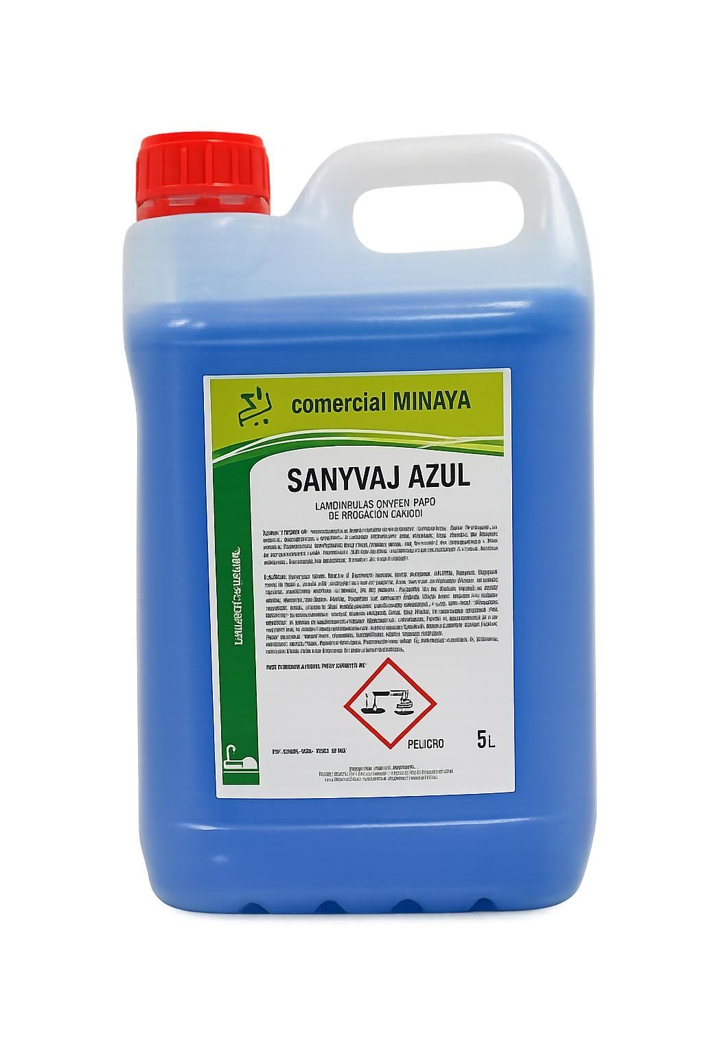 Líquido azul en un recipiente de plástico de 5L etiquetado 