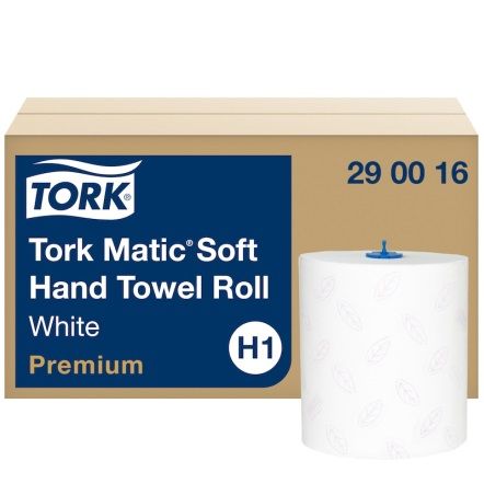 Caja de rollos de toallas de mano suaves Tork Matic de color blanco con rollo visible.