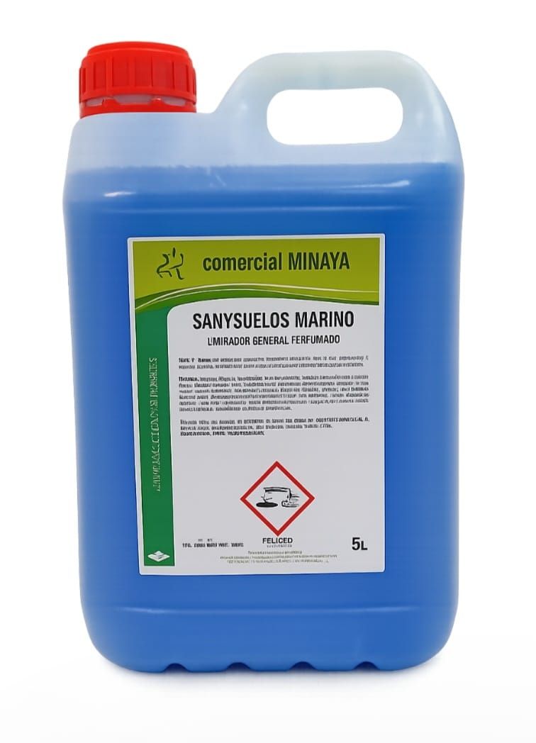 Líquido azul en un recipiente de plástico blanco, etiquetado como 