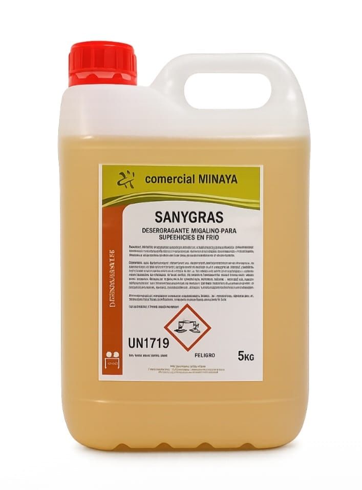 Jarra de plástico de solución limpiadora Sanygras AT con tapón y etiqueta de color naranja, símbolo de peligro UN1719.