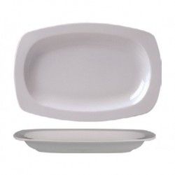 Fuente de servir rectangular de color blanco, vistas superior y lateral.